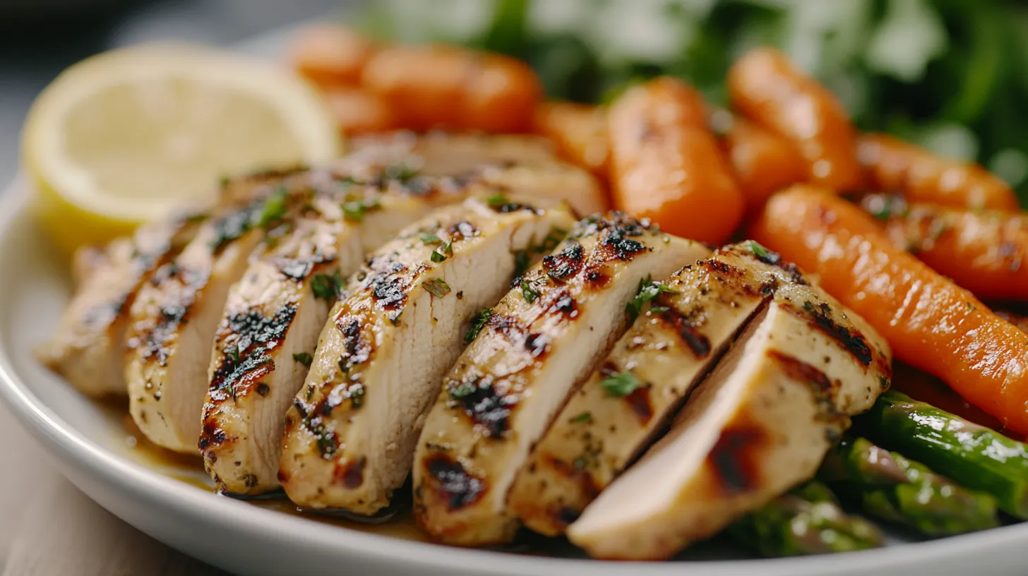 Lemon herb chicken served on a plate with vegetables.