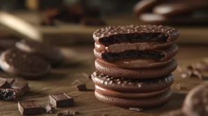 A delicious stack of Little Debbie Fudge Rounds on a rustic wooden table.