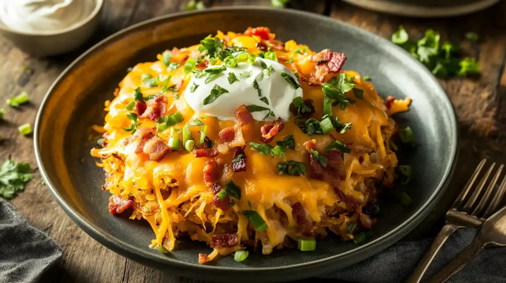 Loaded hash browns with sour cream, bacon, and green onions