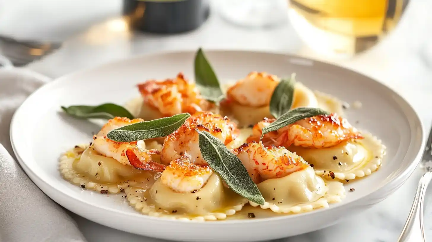 Lobster ravioli plated with brown butter sage sauce and a glass of white wine.