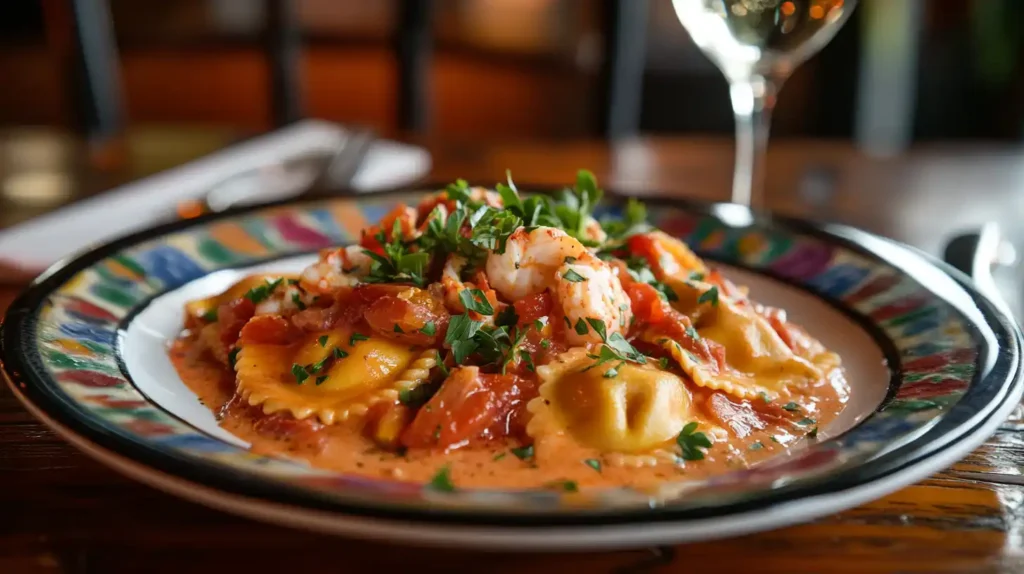 Plate of lobster ravioli with creamy tomato sauce on a rustic table.