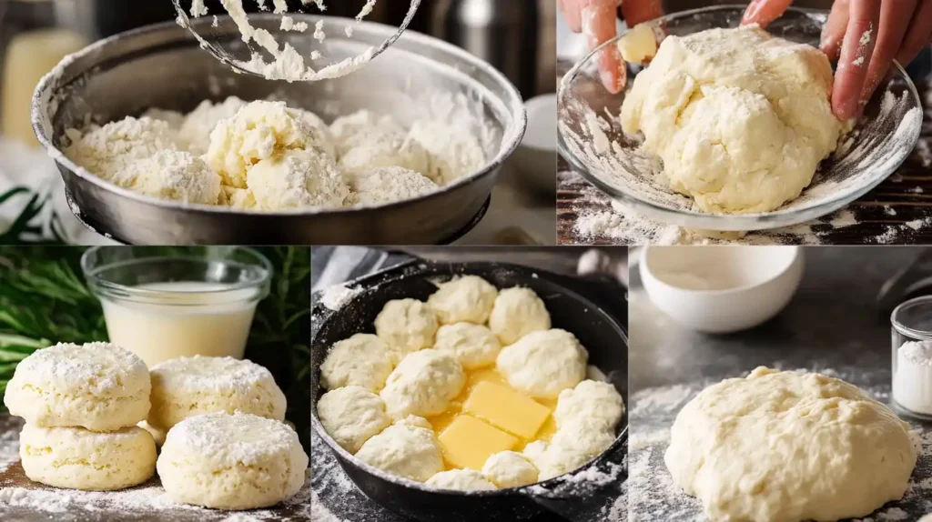 Step-by-step collage of making butter swim biscuits, from dough to baked.