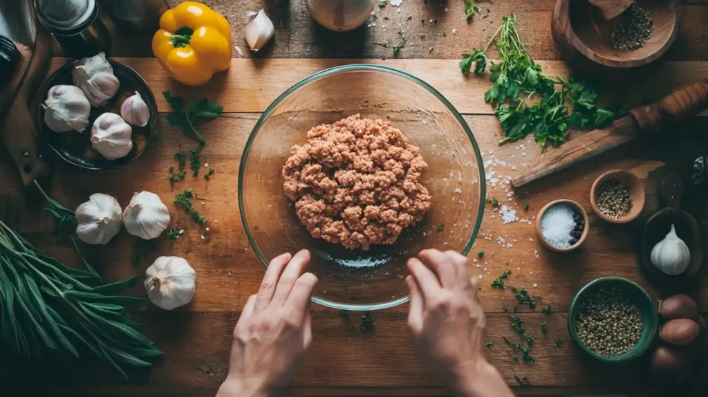 A step-by-step process of making homemade chicken breakfast sausage with fresh ingredients.