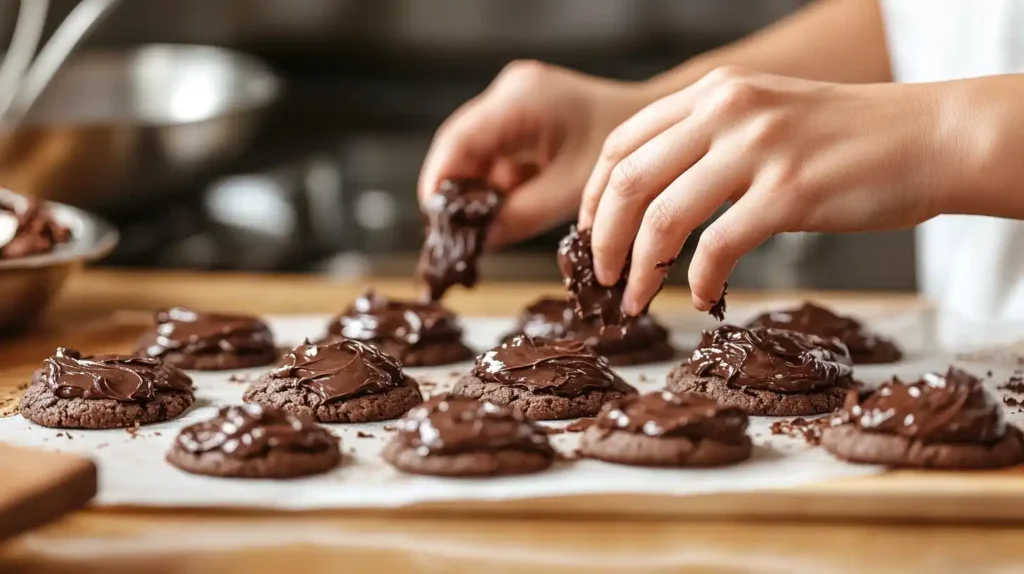 Homemade fudge cookies being filled with chocolate cream.