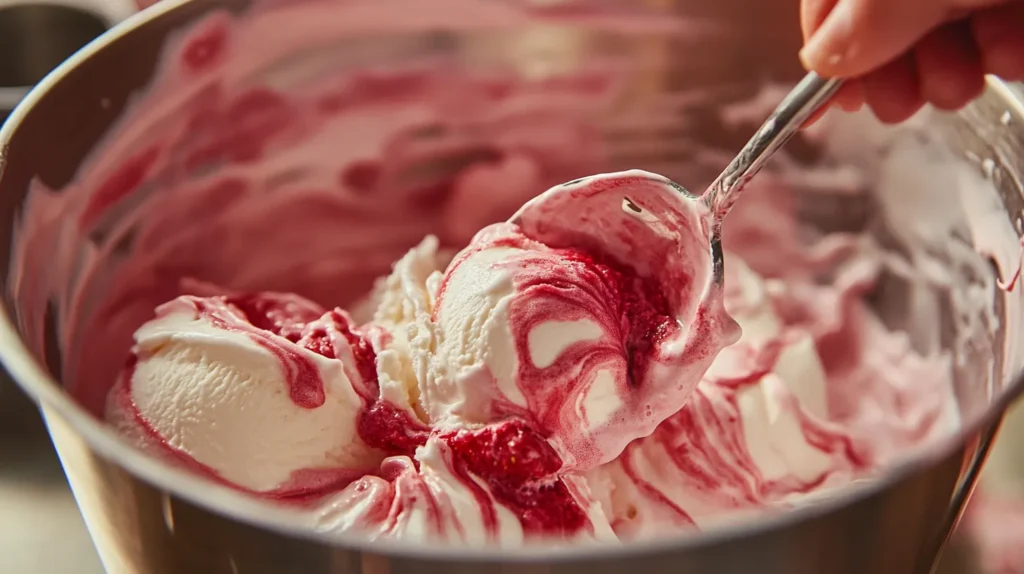 Mixing fresh strawberry puree into a creamy ice cream base in a kitchen setting.