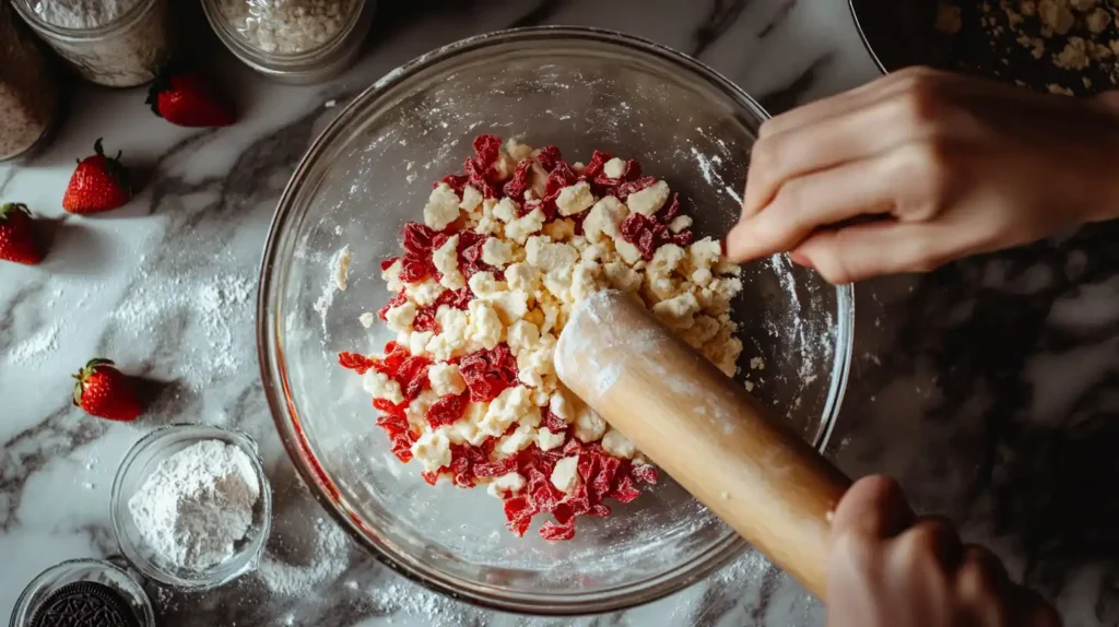 Golden Oreos and freeze-dried strawberries being crushed in a mixing bowl for the crunch topping.