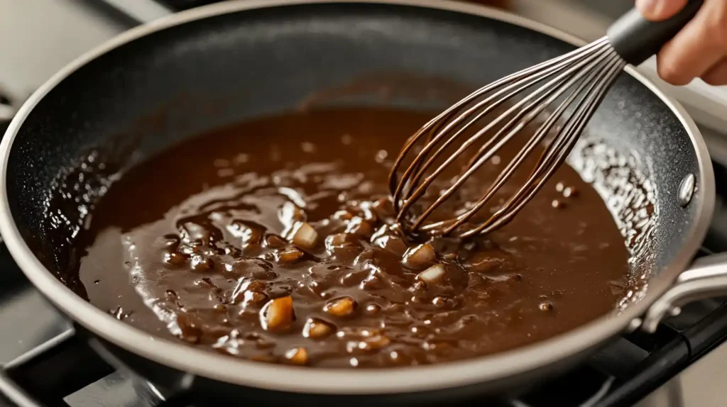 Whisking gravy in a skillet on a stovetop