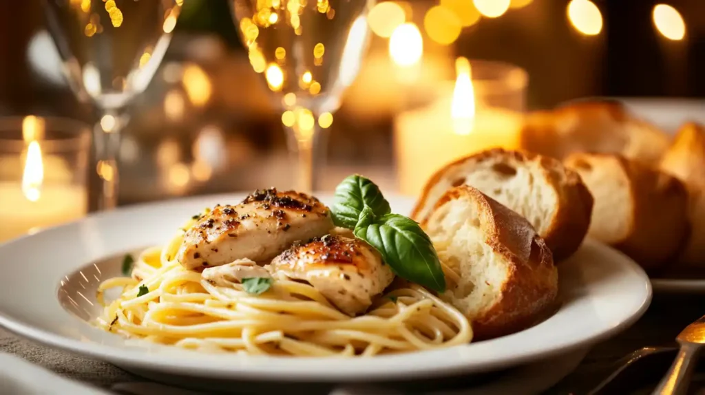 A plate of Marry Me Chicken Pasta served with wine and bread on a romantic dinner table.