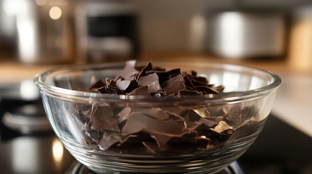 Carob chips melting in a glass bowl over simmering water