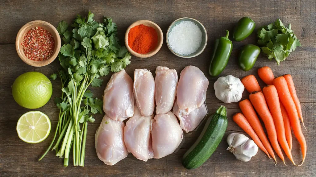 Fresh ingredients for Mexican chicken soup, including chicken, vegetables, and spices.