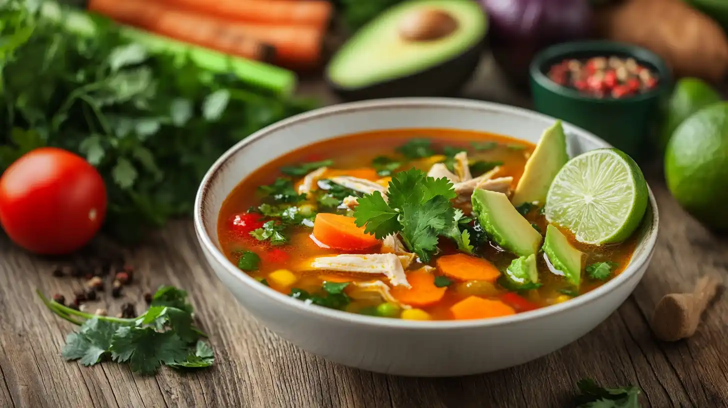 A vibrant bowl of Mexican chicken soup garnished with cilantro, lime, and avocado.