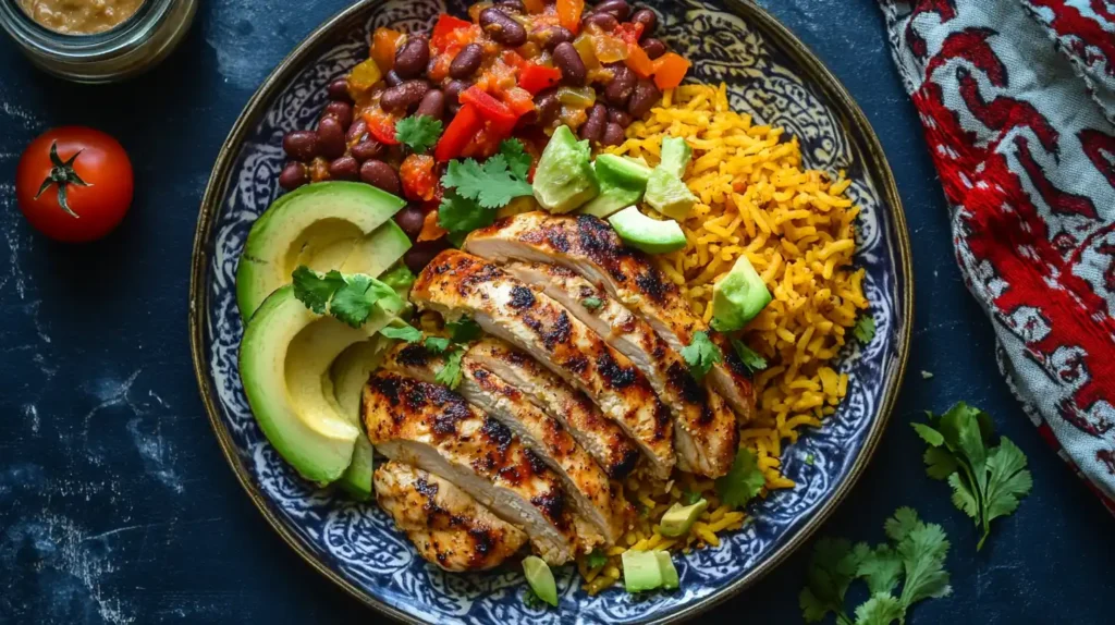 Mexican chicken with rice, beans, and tortillas on a colorful plate.