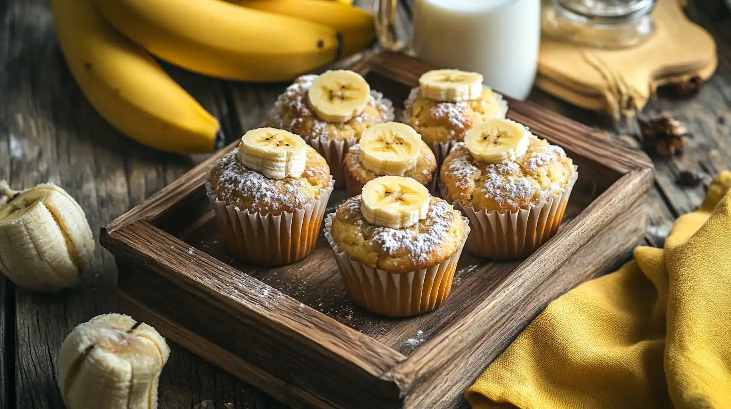 Freshly baked mini banana muffins served on a rustic tray with bananas and milk.