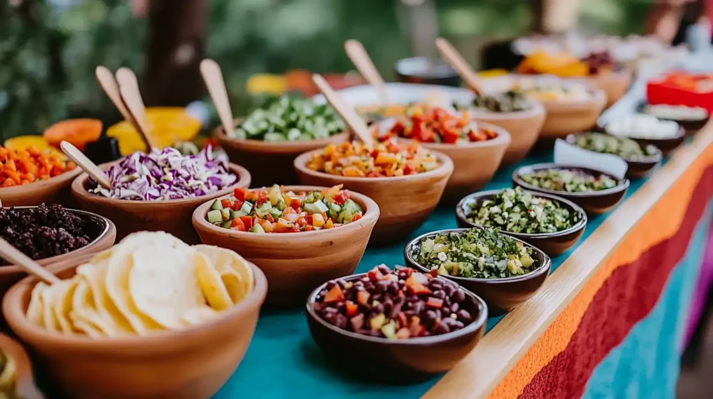 A DIY taco bar setup with various toppings and mini tortillas.