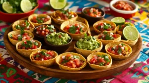 A platter of mini tacos with garnishes and dips on a festive table.