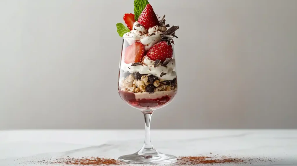 A modern dessert featuring fresh strawberries layered with whipped cream and chocolate shavings in a tall, elegant glass.