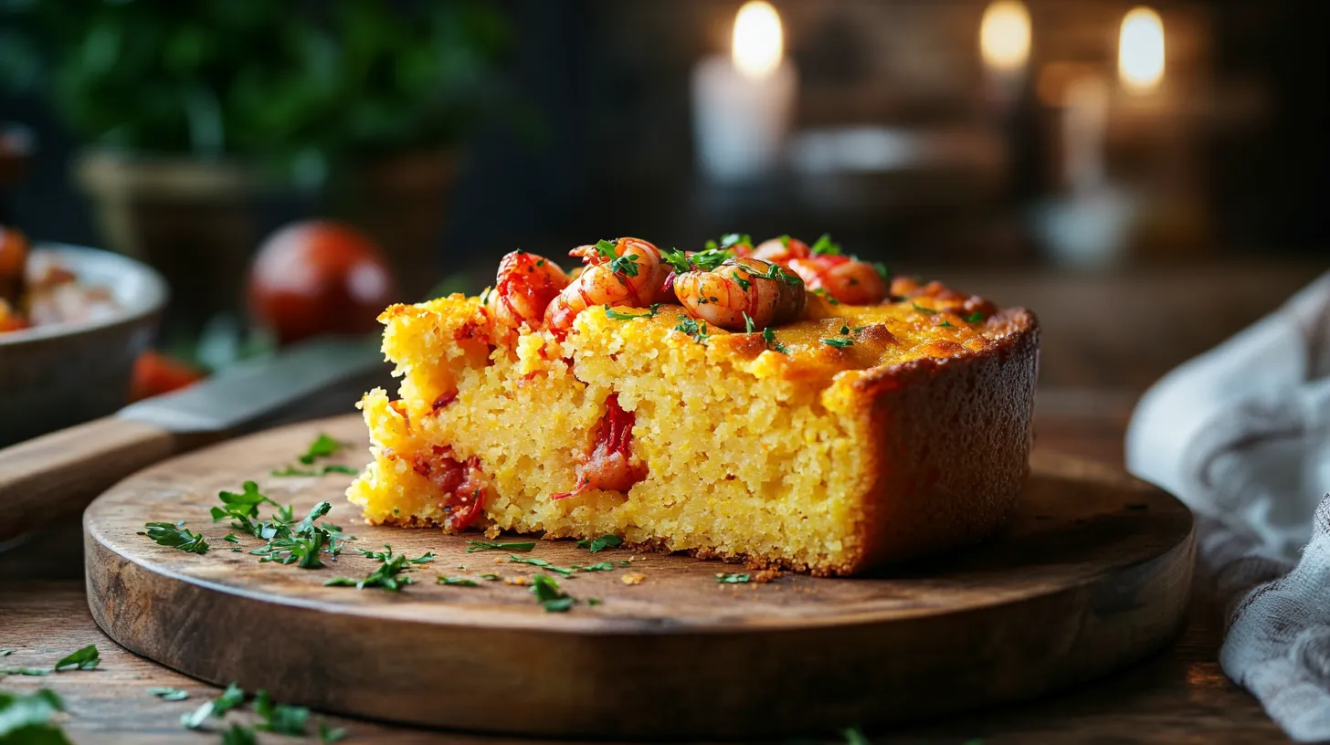 A golden-brown slice of crawfish cornbread with crispy edges on a rustic wooden plate.