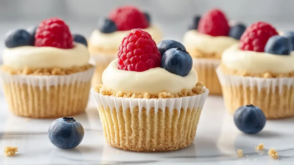 No-bake cheesecake cups layered with crushed graham crackers, creamy filling, and fresh berries.