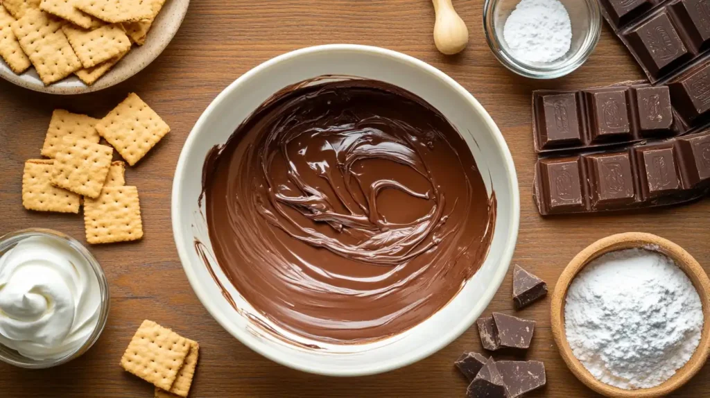 Ingredients for no bake chocolate cheesecake arranged neatly on a kitchen counter.