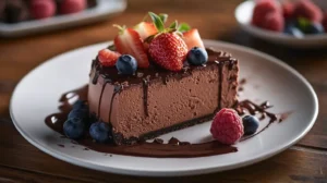 A beautifully decorated no bake chocolate cheesecake with chocolate drizzle and fresh berries.