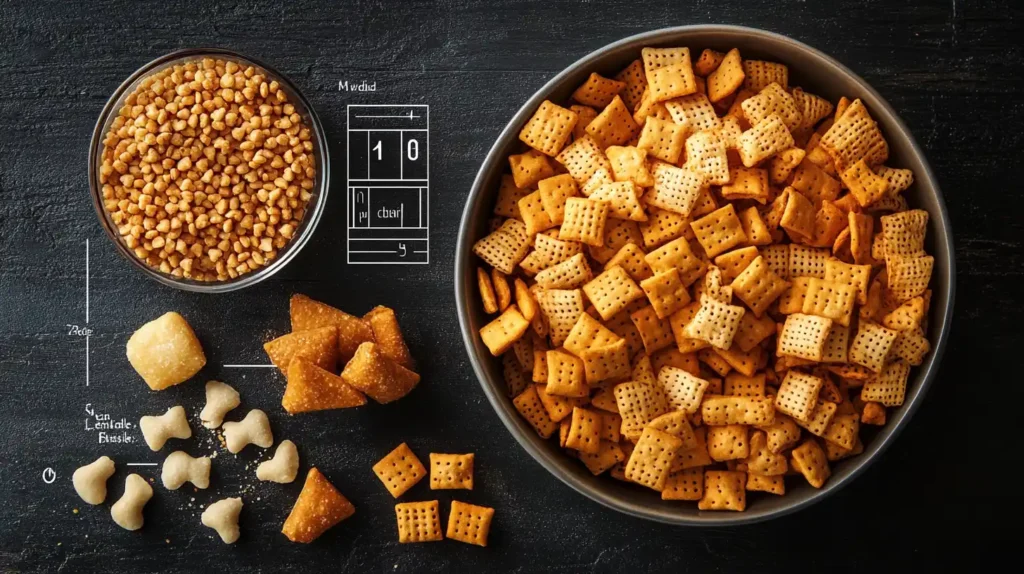 Infographic of Chex Mix nutritional facts, including calorie and sodium content.