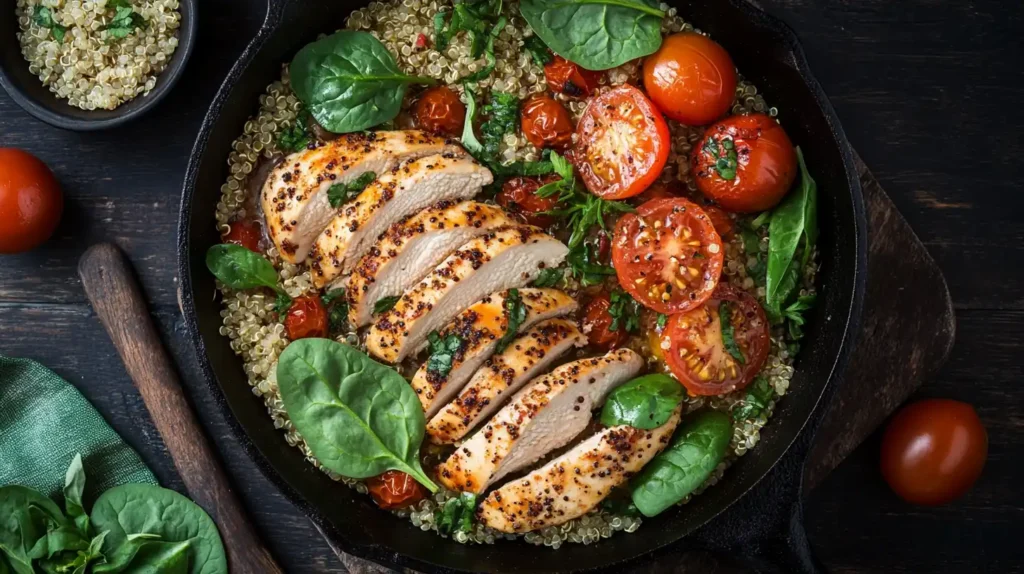 One-pot chicken quinoa bowl with spinach, tomatoes, and herbs.