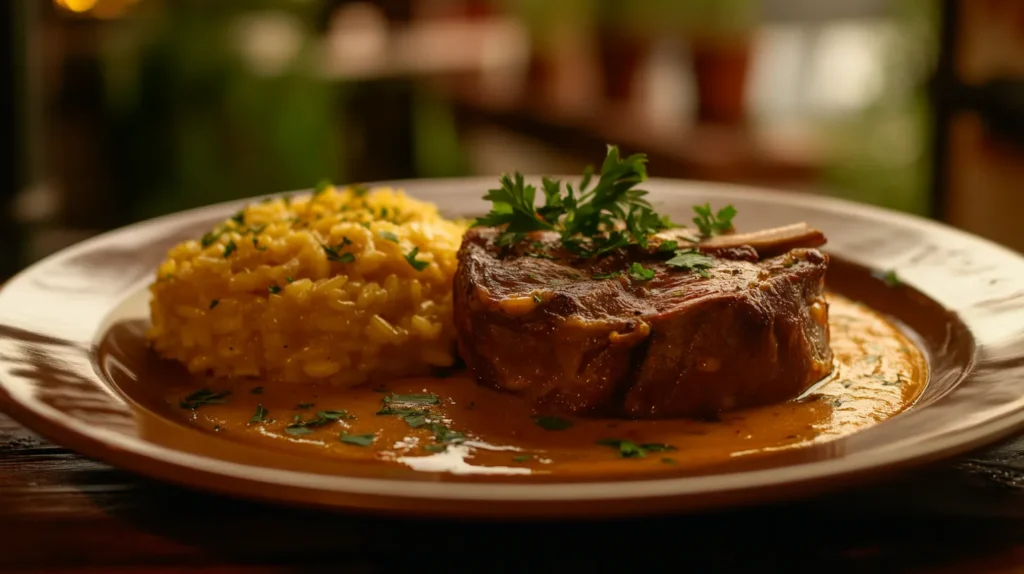 Osso Buco, a traditional Italian veal dish served with a creamy sauce.