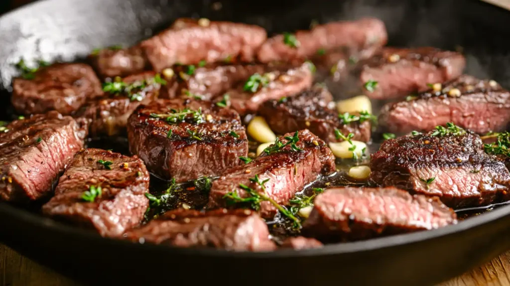 Pan-seared beef heart slices sizzling in a cast-iron skillet