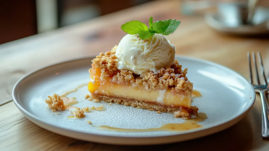 A slice of peach crumble served on a white dessert plate with a scoop of vanilla ice cream on top.