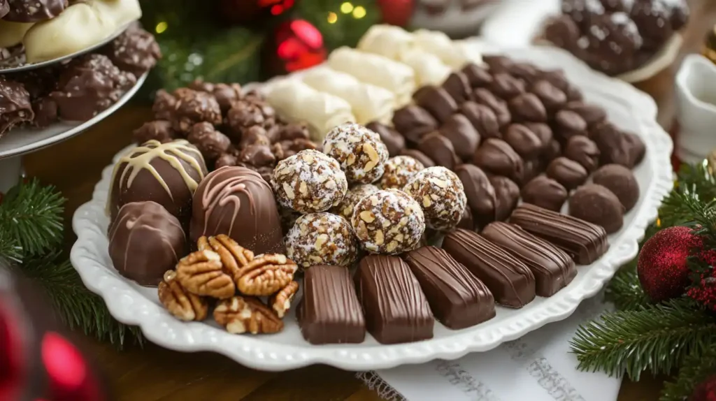 Dessert platter with pecan candy, cookies, and chocolate truffles on a festive table.