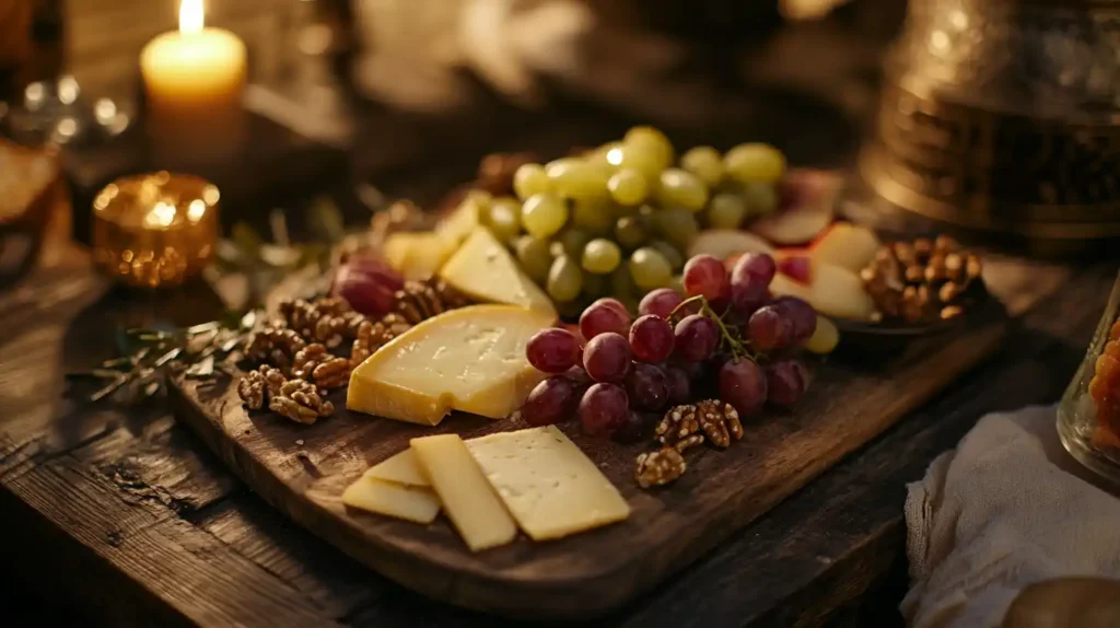 Brie bites served with wine, fruits, and nuts on a grazing board.