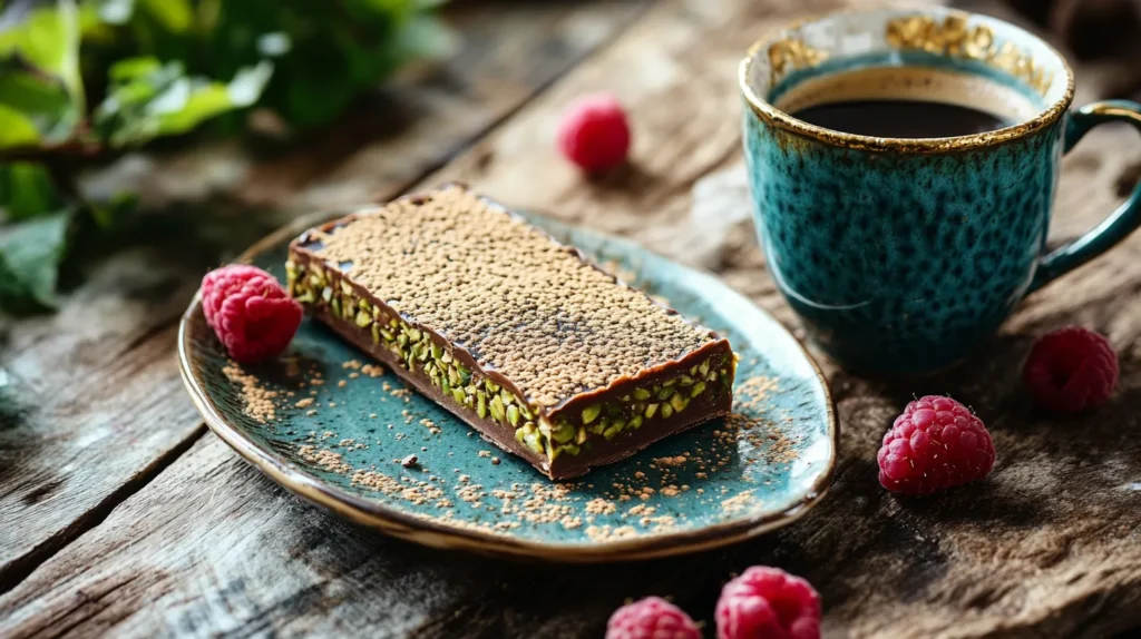 Knafeh pistachio chocolate bar served with Arabic coffee and fresh berries