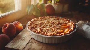 Freshly baked peach crumble in a white ceramic dish, with a golden brown topping and juicy peach slices visible underneath.