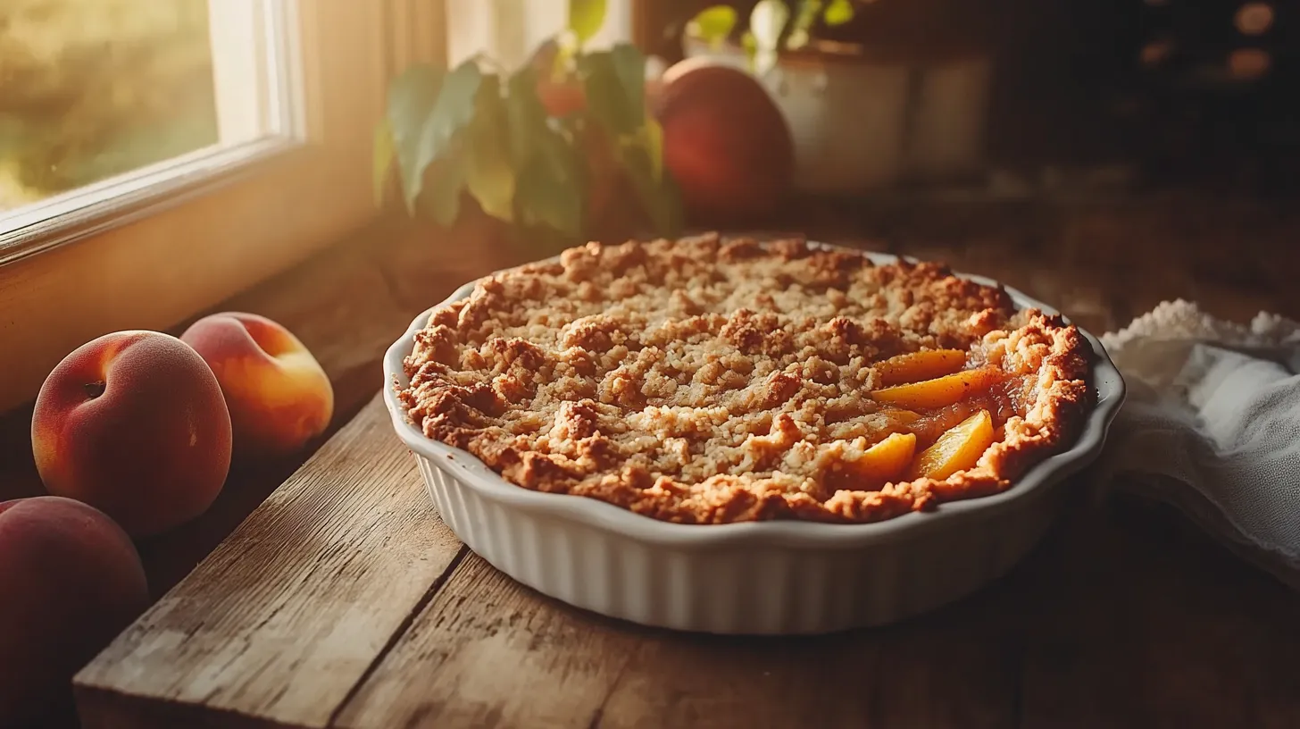 Freshly baked peach crumble in a white ceramic dish, with a golden brown topping and juicy peach slices visible underneath.