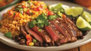 Sliced Chipotle steak with cilantro, lime, and sides on a rustic plate.