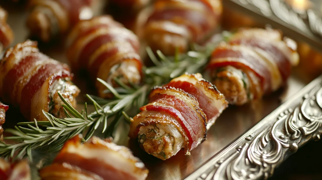 Crispy bacon snacks served on a decorative tray with rosemary garnish.