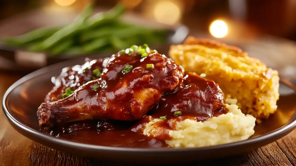 Smothered turkey wings with mashed potatoes and cornbread