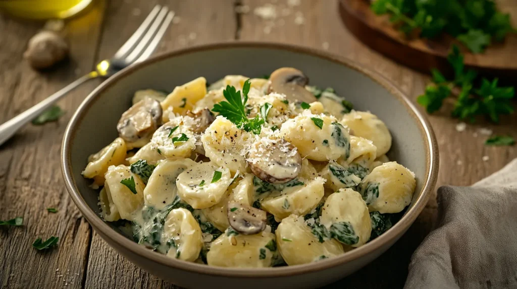 A bowl of mushroom spinach pasta garnished with Parmesan, parsley, and a drizzle of olive oil.