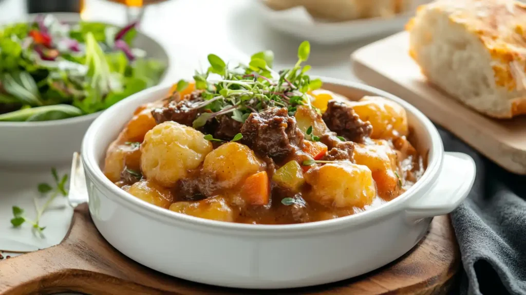 A plated serving of Rick Nolan hotdish with a side of bread and fresh salad.