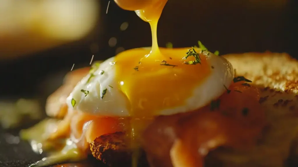 Poached egg with runny yolk on salmon and toasted muffin