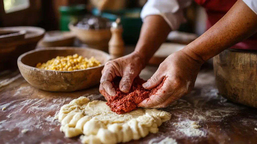 Mixing masa dough with achiote paste for Enchiladas Potosinas