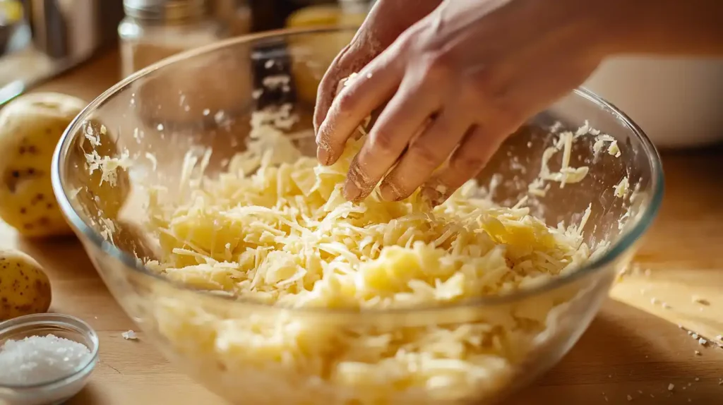 Shredded potatoes and cheese being mixed in a bowl