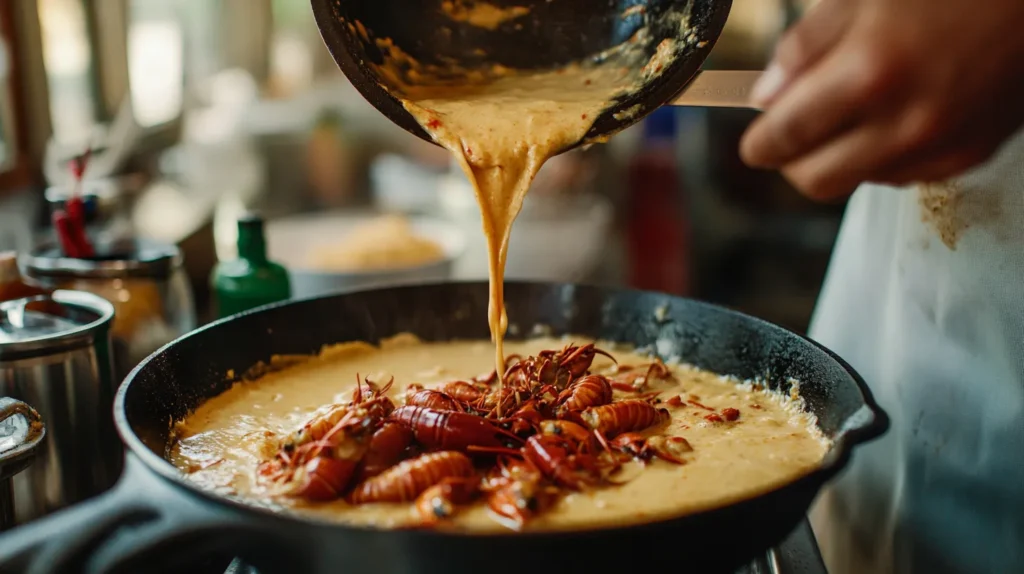 Batter being poured into a cast-iron skillet for crawfish cornbread.