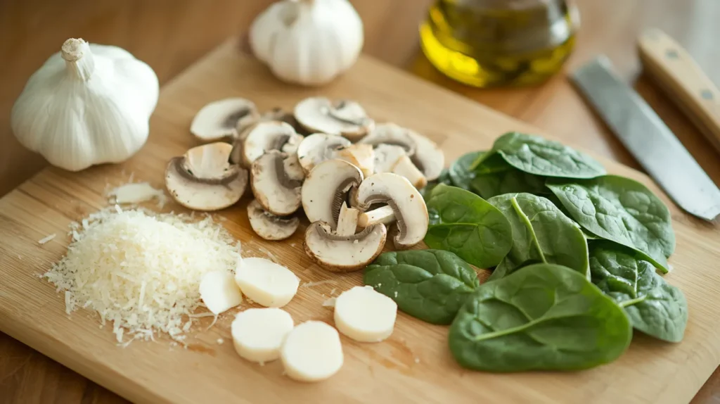 Fresh mushrooms, spinach, garlic, and Parmesan cheese arranged neatly on a wooden cutting board.