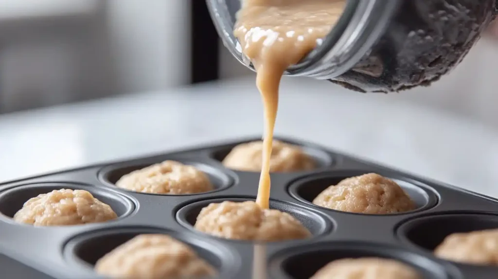 Batter for mini banana muffins being poured into a muffin pan.