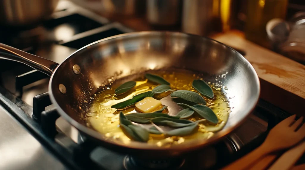 Butter melting with sage leaves in a pan for sauce preparation