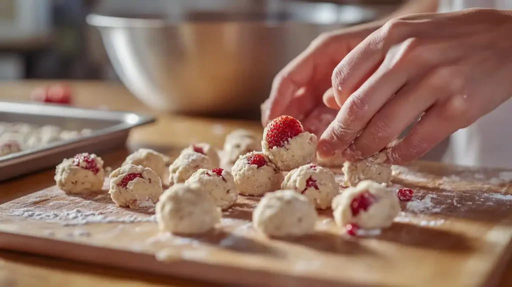 Strawberry cheesecake cookie dough being shaped into balls.