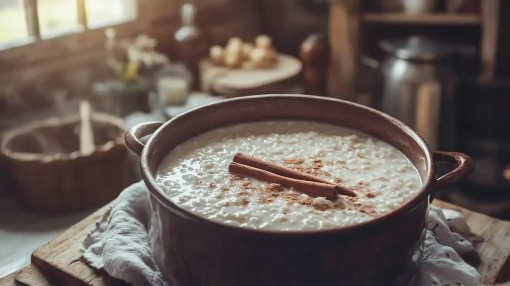 Rice simmering in milk with cinnamon sticks in a pot.