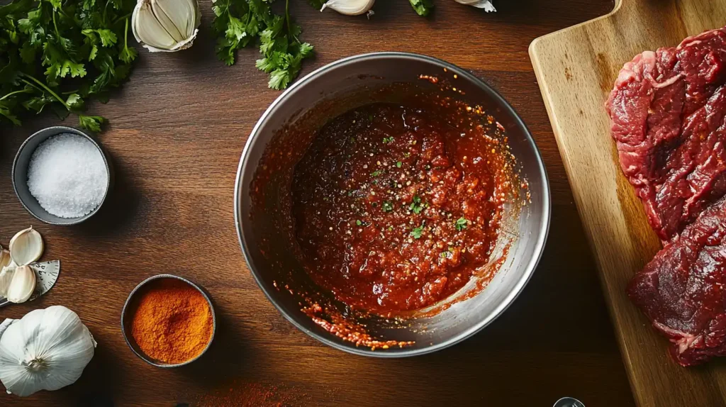 Bowl of Chipotle steak marinade with fresh ingredients and raw steak.