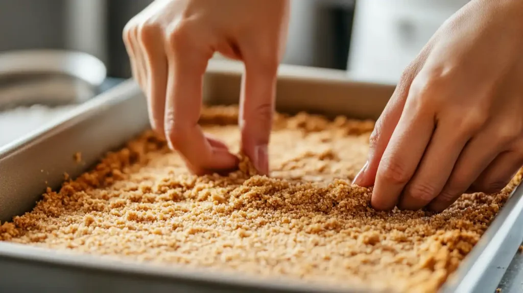 Graham cracker crust being pressed into a pan for a banana split cake.